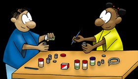 Cartoon of boy and girl doing experiment with small containers on table.
